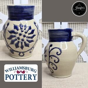 Williamsburg Pottery Vintage 70's Salt Glazed Cobalt Blue Floral Pitcher
